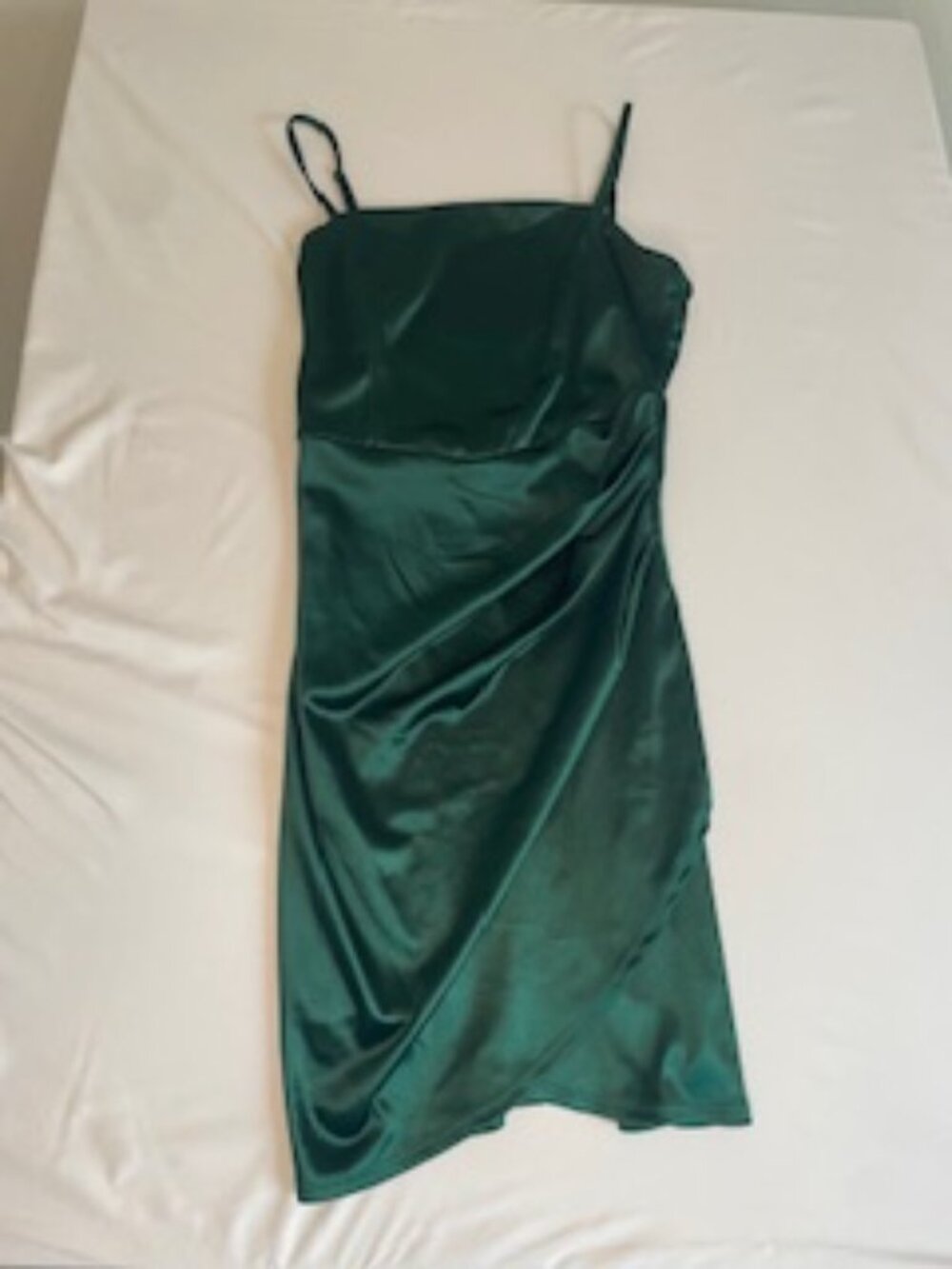 Small Honey Rosie square neck, satin faux wrap dress in emerald green